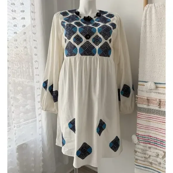 Figue Lucie White Blue Embroidered Pom Pom Long Balloon Sleeves Boho Mini Dress - Picture 2 of 13